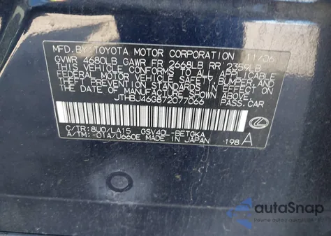 2007 Lexus Es 350 из США, поврежденный, VIN JTHBJ46G872077066